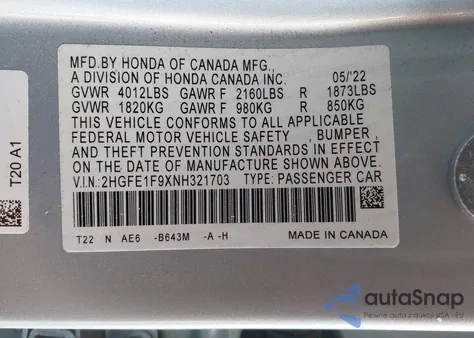 2022 Honda Civic Touring z USA, uszkodzony, nr VIN 2HGFE1F9XNH321703